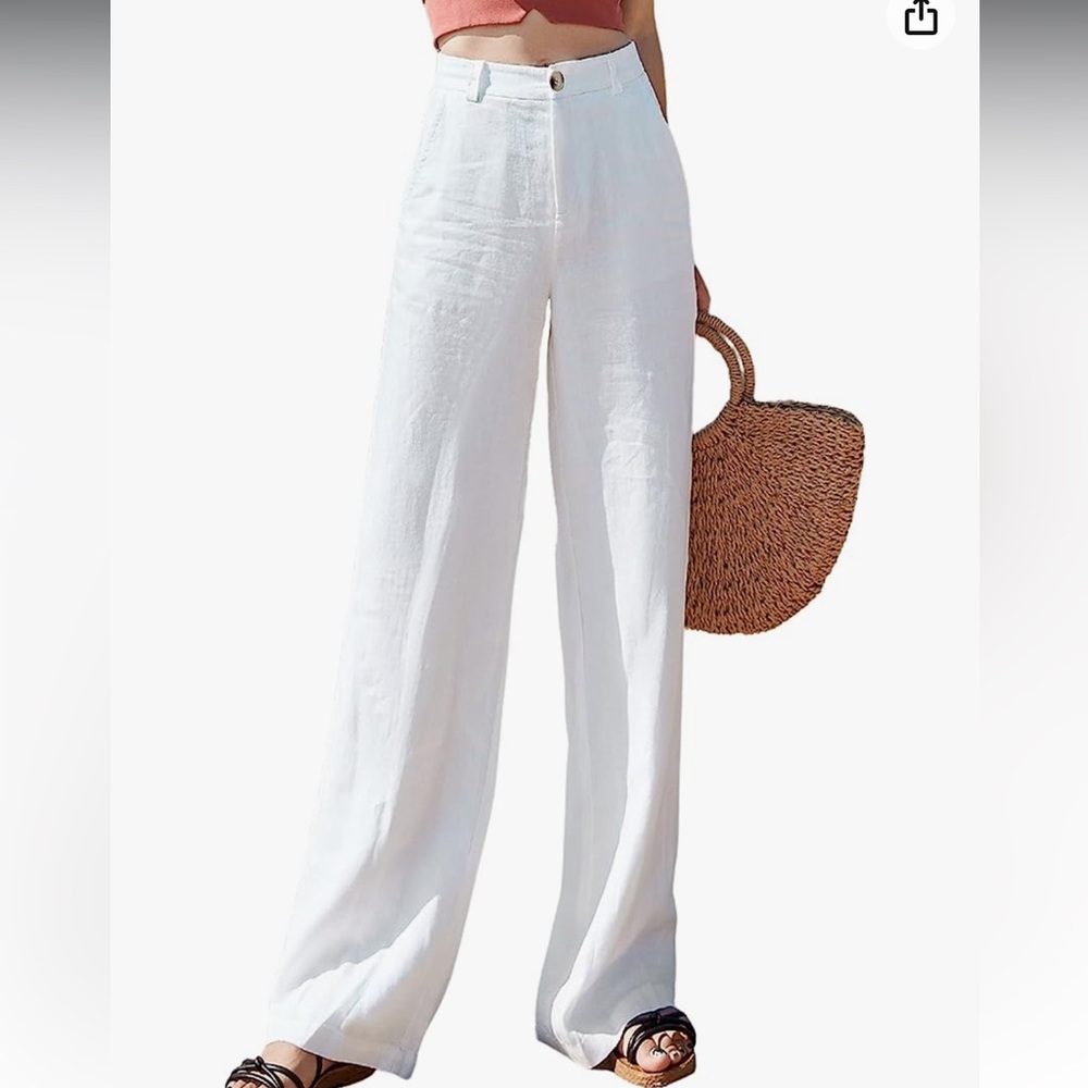 High waisted white linen wide leg pants